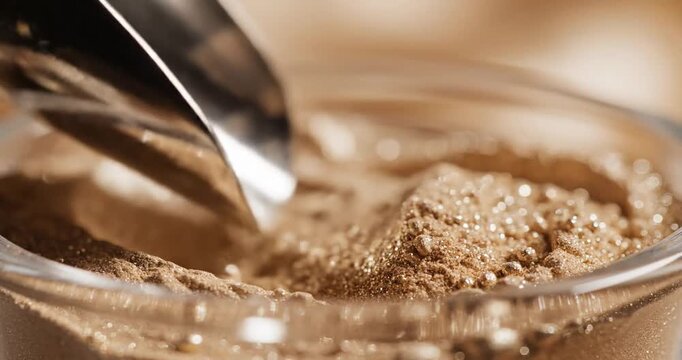 Close-up of a hand using a scoop to pour fine brown powder into a glass container
