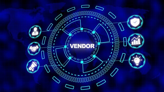 Digital Vendor concept with icons for business strategy finance and communication on a blue world map background