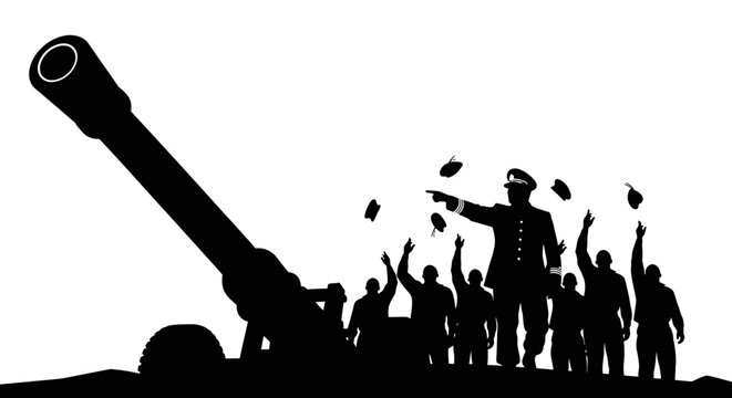 Military Victory Celebration Silhouette: Soldiers Cheer with Cannon and Commander