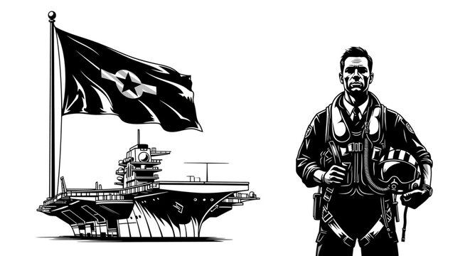 Naval Aviator and Aircraft Carrier with Flag
