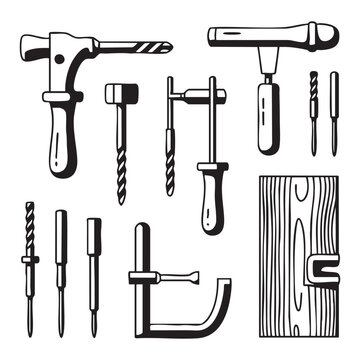 Black and white of various hand tools and woodworking accessories chisels