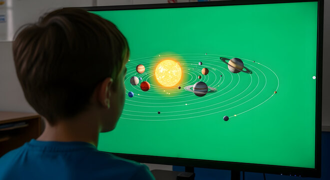 Young Boy Observing Animated Solar System Model on a Green Screen Display in an Educational Environment