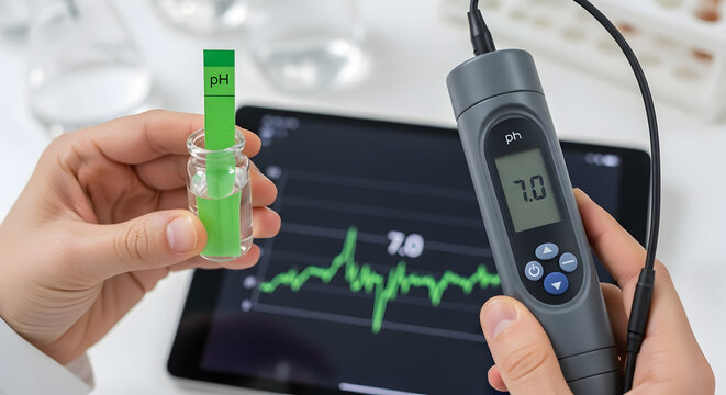 Hands Holding a Green Liquid Sample in a Test Tube and a Digital Measuring Device Displaying Data in a Modern Laboratory Environment