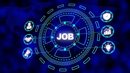 Obraz premium Futuristic Digital Hub Displays the Word JOB Surrounded by Icons of Business Success and Employment Opportunities