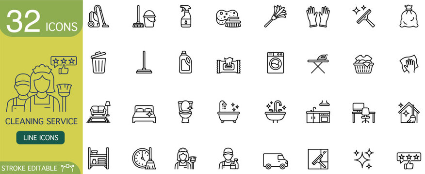 Cleaning service icon housework symbol hygiene tool disinfect spray mop bucket vacuum cleaner washing machine window squeegee rubber glove garbage bag professional cleaning service icon set line