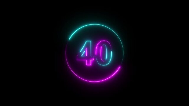Colorful neon number 45-0 countdown animation with glowing circular digital timer ring, futuristic luminous numeric display and modern technology interface background