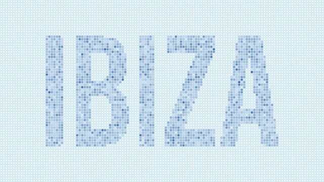 Ibiza dotted map animation. Digital style shape of the island. Ibiza shape and title blue dots appear with flickering effect. Spain. Creative Intro, outro, title, logo video.