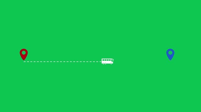 Animated Bus Route with Destination Map Pins on Green Screen. Concept of Bus travel