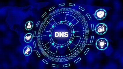 Obraz premium Futuristic Digital Network Hub with DNS Icon and Business Icons on World Map Background technology