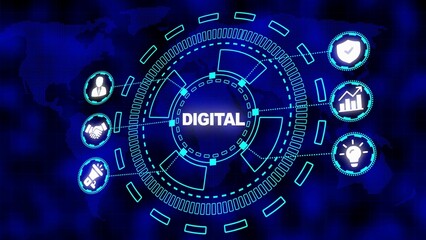 Fototapeta premium Futuristic Digital Technology Network with Icons and World Map Background data connection