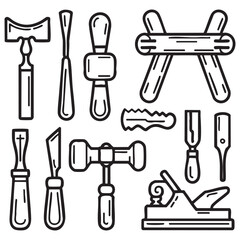 Set of woodworking tools and equipment in black and white line hammer chisel mallet plane