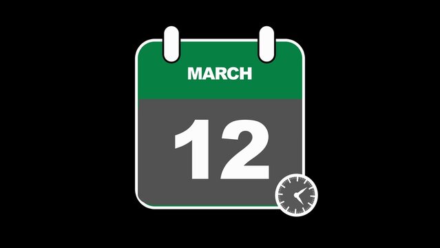 Green and gray calendar icon showing March 12 with a small clock icon date