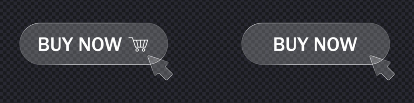 Glassmorphism buy now button icon set. E-commerce shopping cart and cursor click symbol. Vector Illustration.