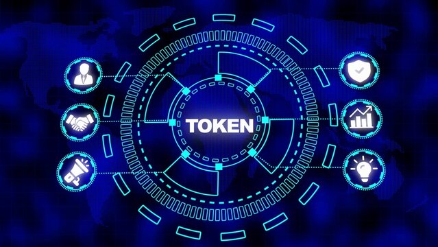Token Technology Concept with Icons for Security, Growth, Ideas, and Communication on a World Map Background