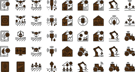 Smart agriculture technology icon set with AI analytics drones smart sensors farm robotics tractors and precision farming © set kine