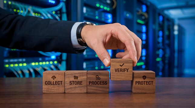 Data Management Process with Wooden Blocks in Server Room