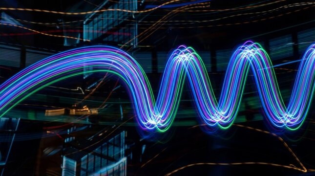 Vibrant neon audio waveform glowing in blue purple concept. Colorful light trails create dynamic patterns in a modern setting.