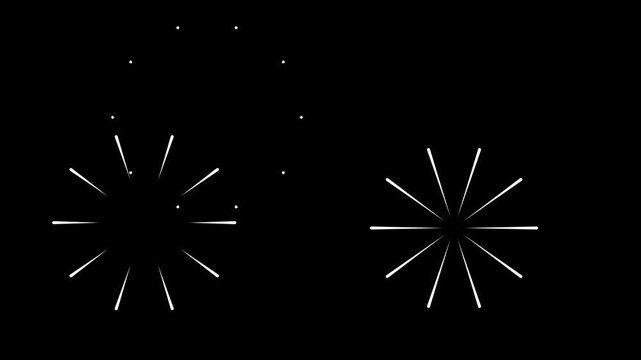 Firework circle burst line shape explosion animation with glowing radial pop up blast, geometric bubble ribbon sparks, modern motion graphics element for explainer video and festive overlays