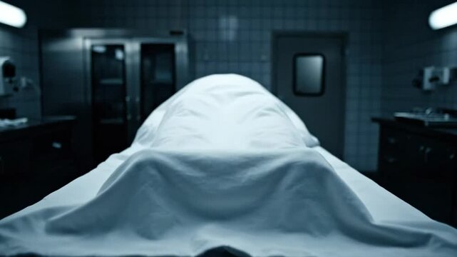 Eerie scene of a body covered with a sheet in a cold autopsy room with dim lighting