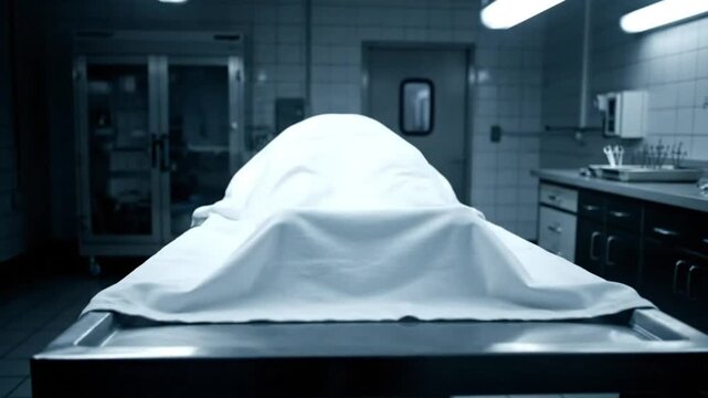Morgue Scene With Body Covered Under Sheet on Surgical Table In Clinical Setting