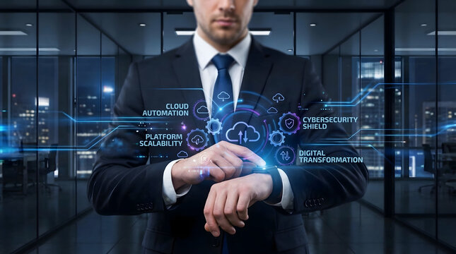 Businessman Analyzing Cloud Automation and Cybersecurity on Smartwatch Hologram