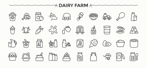 Dairy Farm icon set. Featuring dairy, beverage, dairy foods, milk products, drink and more. Dairy Products line icon set. Thin UI icons. Vector artwork and illustration.