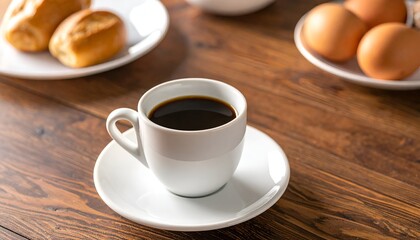 Obraz premium A fresh cup of hot dark coffee on a saucer with a bread roll and eggs in the background on a wooden