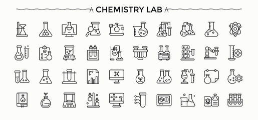 Chemistry Lab icon set. Outline icons collection. Pixel perfect. Editable stroke. Science icon set. Contain linear symbols science, analysis, biology, chemical, experiment, lab and more.