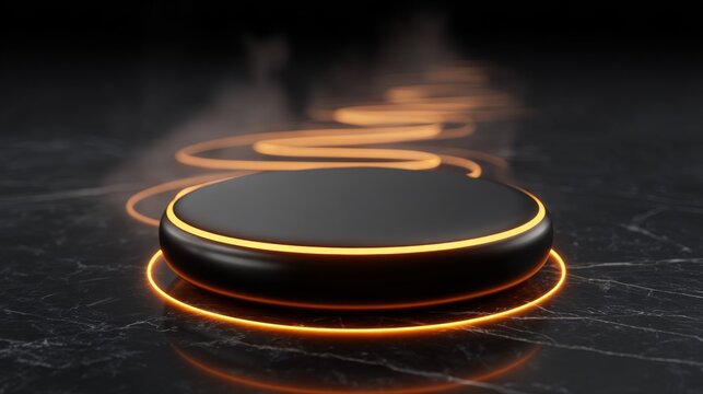 Circular metallic charging pad with orange energy glow