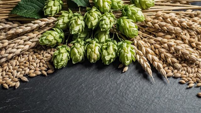 Beer ingredient arrangement, hops and barley, gentle zoom in.