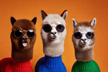 Fototapeta premium Three llamas wearing sunglasses and sweaters are posing.