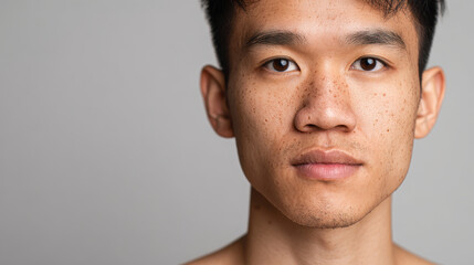 Obraz premium Young man face close up with natural skin texture and freckles, calm expression and neutral background