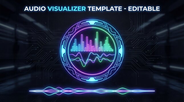 Vibrant neon audio waveform glowing in blue purple concept. Dynamic audio visualizer template with vibrant neon elements.