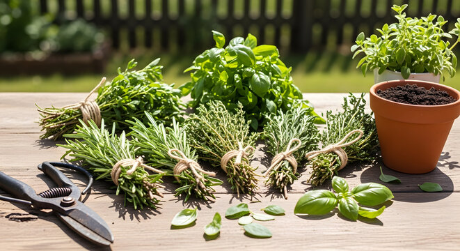 Various bundles of rosemary thyme and basil tied with twine next to pruning shears and a pot of soil