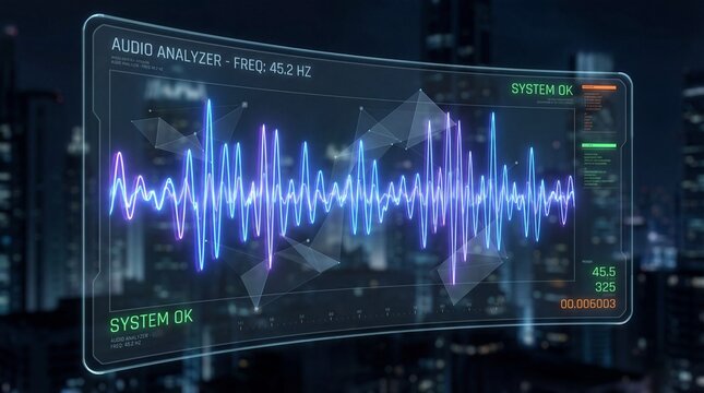 Vibrant neon audio waveform glowing in blue purple concept. Futuristic audio analysis display with vibrant sound waves.