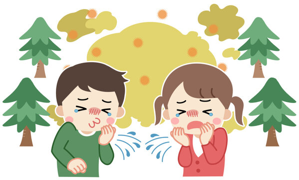 花粉症でくしゃみや咳をする子供たちのイラスト