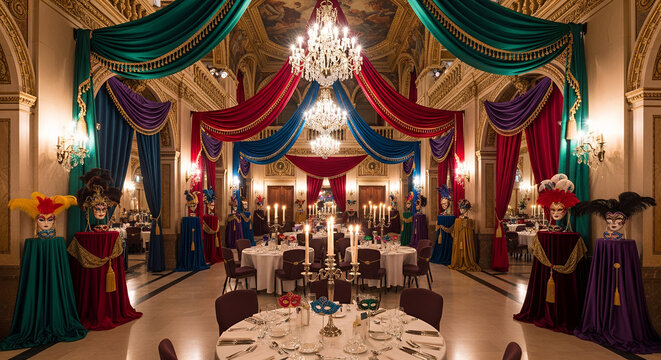 Elegant carnival feast setup with ornate masks and vibrant table settings