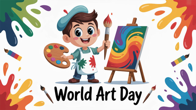 Young artist in blue hat holding paintbrush and palette standing next to colorful canvas on easel celebrating world art day with vibrant paint splatters