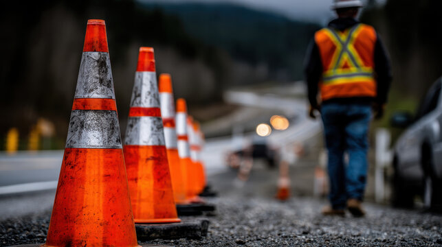 Construction cones lined up roadside with worker wearing reflective vest walking nearby, creating focused and safety conscious
