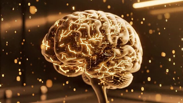 A glowing brain with intricate neural networks and golden sparks radiating outward