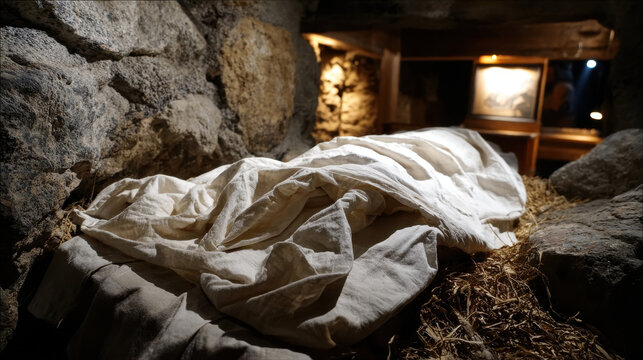 Ancient burial site with wrapped mummy lying on straw inside stone chamber illuminated by warm light