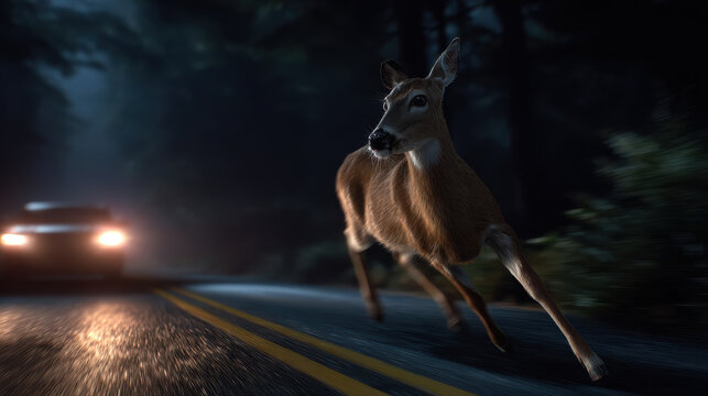 Deer running across dark road at night with car headlights approaching, creating tense and urgent atmosphere