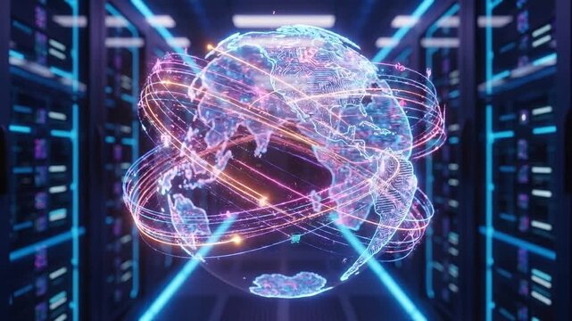 A glowing digital globe surrounded by interconnected data streams, displayed within a futuristic server room illuminated by neon lights
