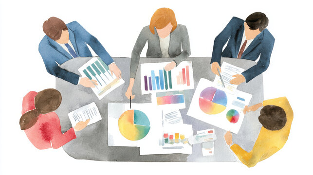 Watercolor illustration of business team analyzing colorful charts and graphs during meeting, showing collaboration and focus