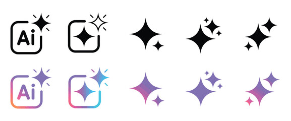 Sparkle and shine icons, AI logo and starburst symbols in black and gradient colors © MDTAREQ