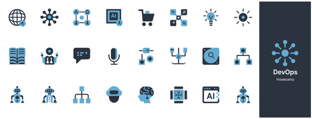 DevOps icons set for technology and development, artificial intelligence and cloud computing.