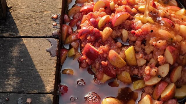 Crushed apples create sweet, juicy cider in rustic wood press