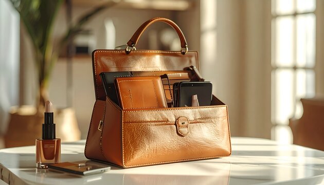 Leather handbag open interior accessories