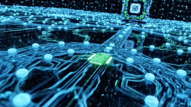 A microscopic view of a network of interconnected nodes and wires in shades of blue and green