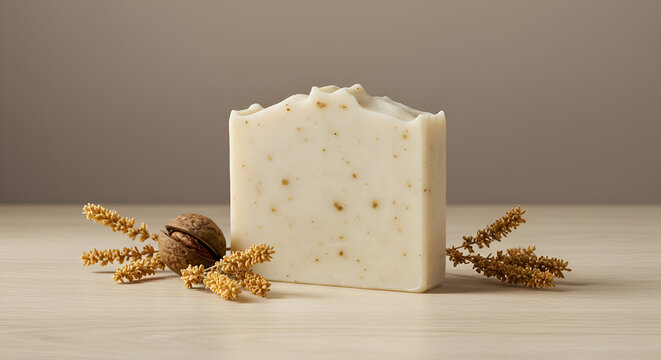 Artisan Handmade Natural Soap Bar Displayed With Decorative Elements On A Wooden Surface, Exuding A Sense Of Wellness And Eco-Friendly Beauty